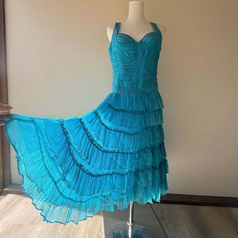 Vintage Y2K Nina Austin Turquoise 100% Silk Ruffled Beaded Midi Cocktail Dress